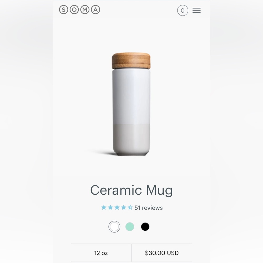 BRAND NEW Soma 12oz Insulated Ceramic Mug (white)